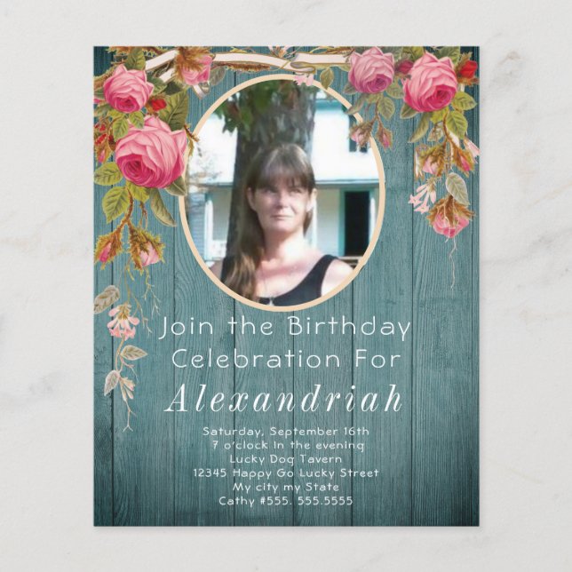 Rustic Pink Roses Blue Green Barn Wood Birthday (Front)