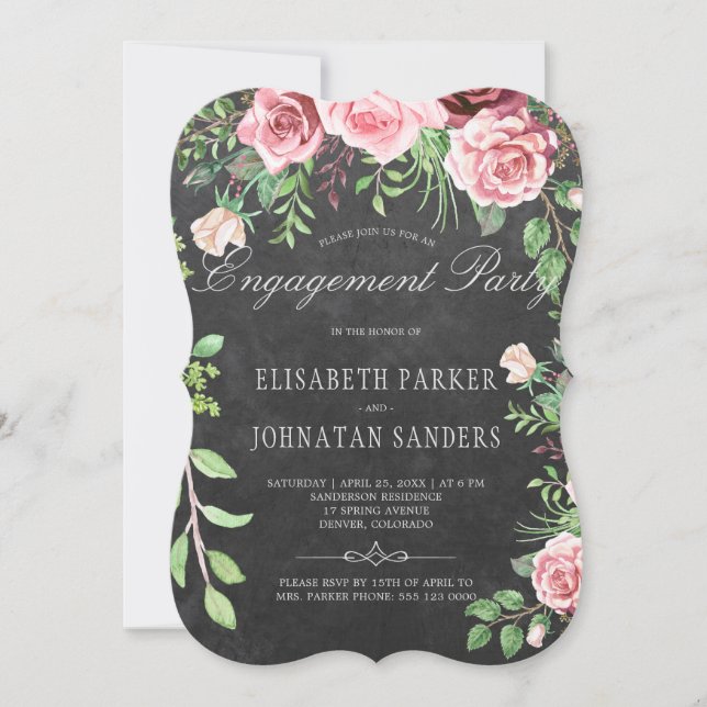 Rustic Pink Roses Chalkboard Engagement Party Invitation (Front)