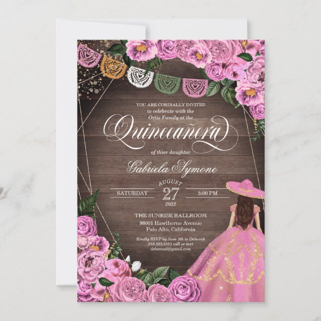 Rustic Pink Roses Charro Quince Dress Quinceañera  Invitation (Front)