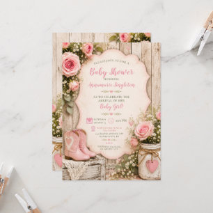 Rustic Pink Roses Cowgirl Boots Mason Jar Invitation