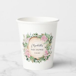 Rustic Pink Roses Greenery Baby Girl Shower Favour Paper Cups