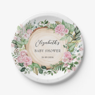 Rustic Pink Roses Greenery Baby Shower Decor Paper Plate