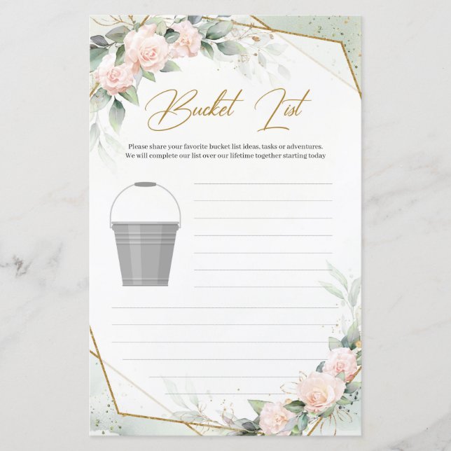 Rustic pink roses greenery gold Bucket List game (Front)
