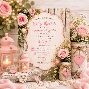 Rustic Pink Roses Mason Jar Lantern Lace Invitation