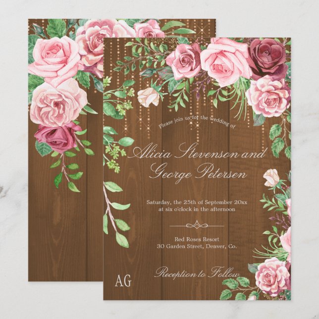 Rustic Pink Roses Monogram Barn Wood Wedding Invitation (Front/Back)