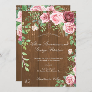 Rustic Pink Roses Monogram Barn Wood Wedding Invitation