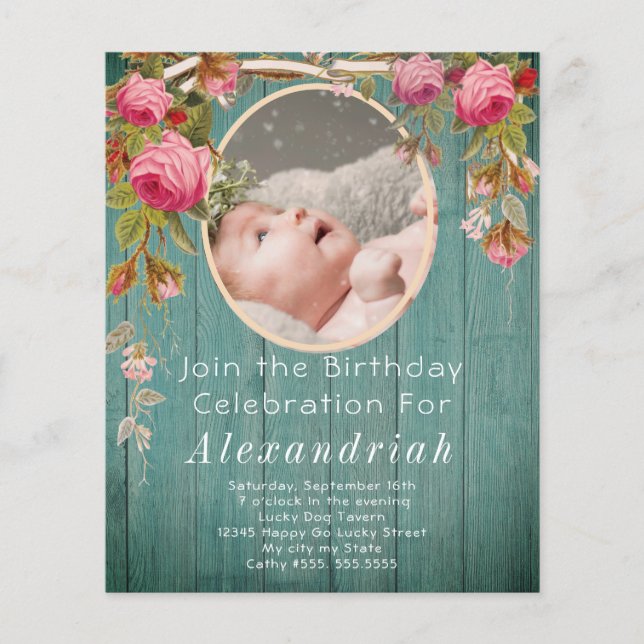 Rustic Pink Roses Teal Blue Barn Wood Birthday (Front)