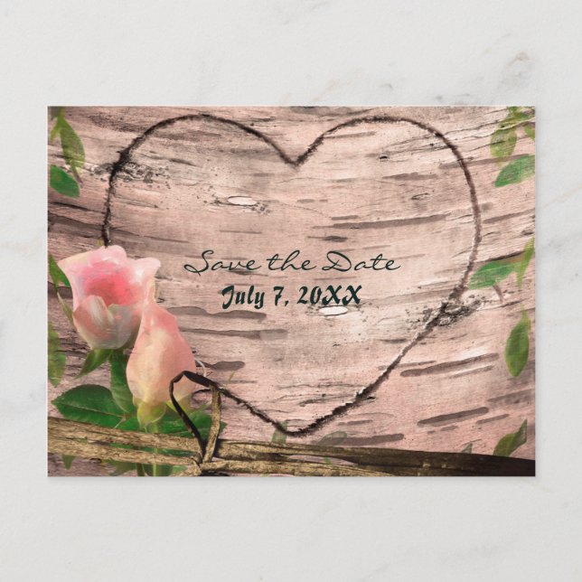 Rustic Pink Roses & Vines Birch Save the Date Card (Front)