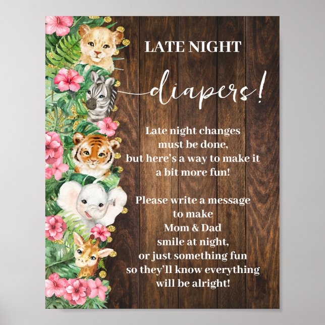 Rustic Pink Safari Late Night Diapers Shower Game Poster (Front)
