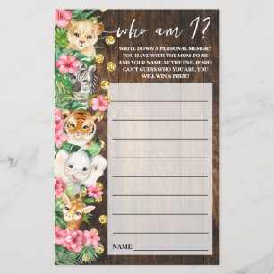 Rustic Pink Safari Who am I Baby Shower Game Card