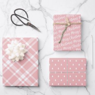 Rustic Pink Tartan Plaid Merry Christmas Pattern Wrapping Paper Sheet