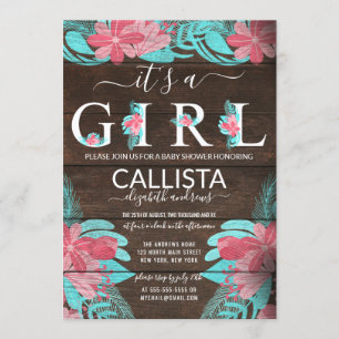 Rustic Pink Teal Floral Wood Girl Baby Shower Invitation