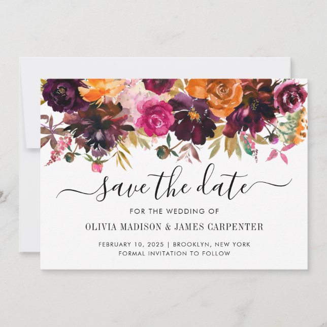 Rustic Pink Terracotta Burgundy Red Floral Wedding Save The Date (Front)