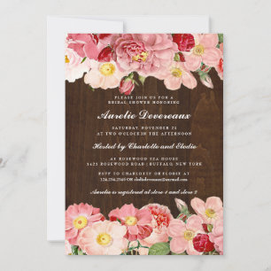 Rustic Pink Vintage Roses Wood Bridal Shower Invitation