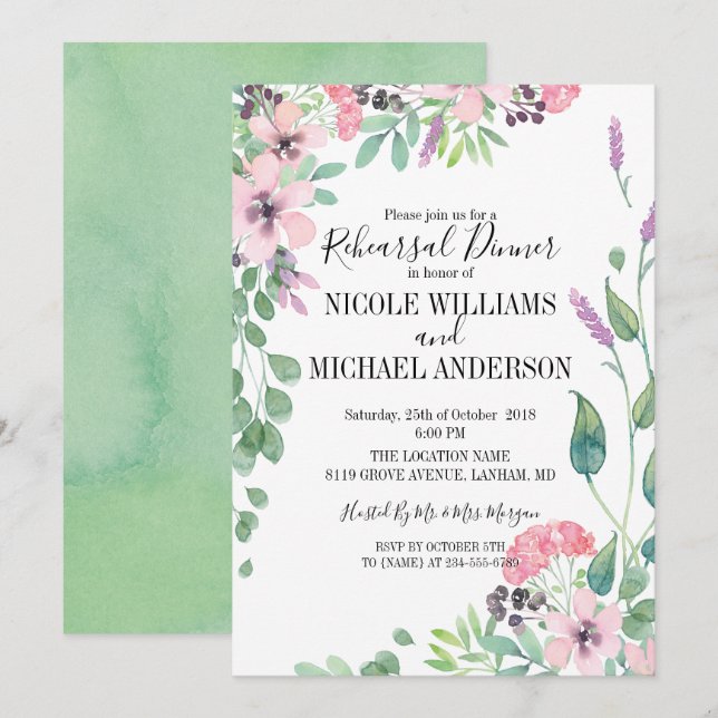 RUSTIC pink watercolor bouquet Rehearsal Dinner Invitation (Front/Back)