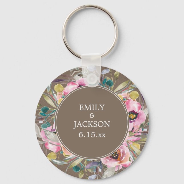Rustic Pink Watercolor Floral Brown Wedding Key Ring (Front)