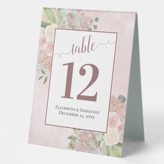 Rustic Pink Watercolor Floral Wedding Table Number (Front)