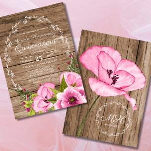 Rustic Pink Watercolor Poppies Quinceañera Invitation