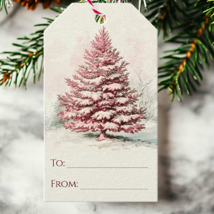Rustic Pink Watercolor Winter Pine Tree Christmas Gift Tags