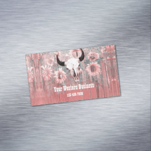 Rustic Pink Western Bull Skull Sunflowers On Wood Magnetic Business Card