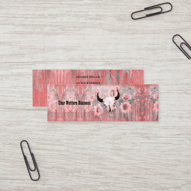 Rustic Pink Western Bull Skull Sunflowers On Wood Mini Business Card (Front/Back In Situ)