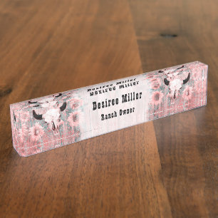 Rustic Pink Western Bull Skull Sunflowers On Wood Nameplate