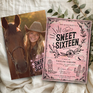 Rustic Pink Western Floral Sweet Sixteen Photo Invitation