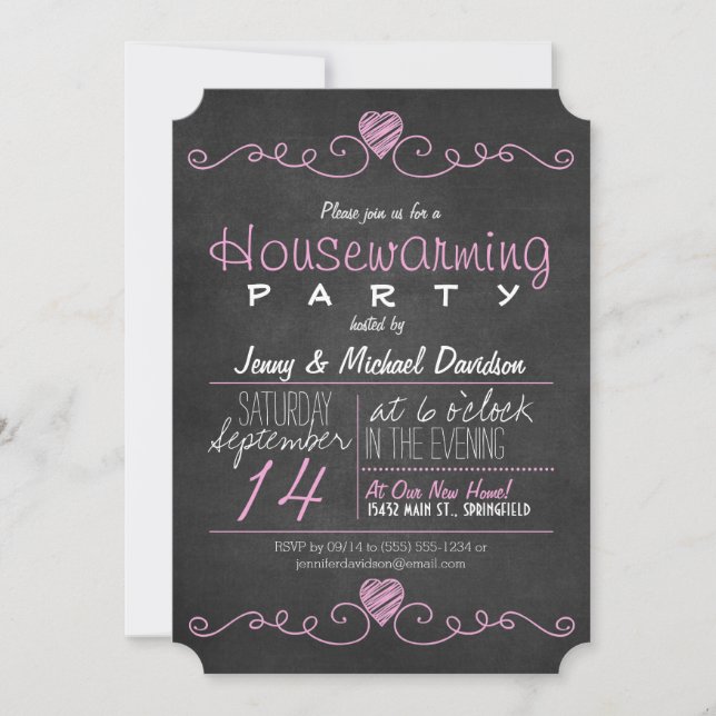 Rustic Pink & White Chalkboard Housewarming Party Invitation (Front)