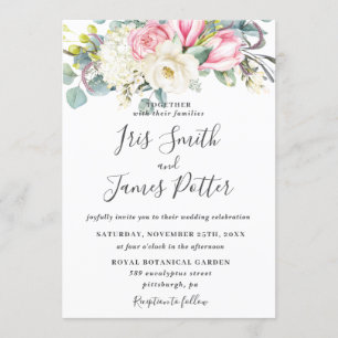 Rustic Pink White Rose Magnolia Hydrangea Wedding Invitation