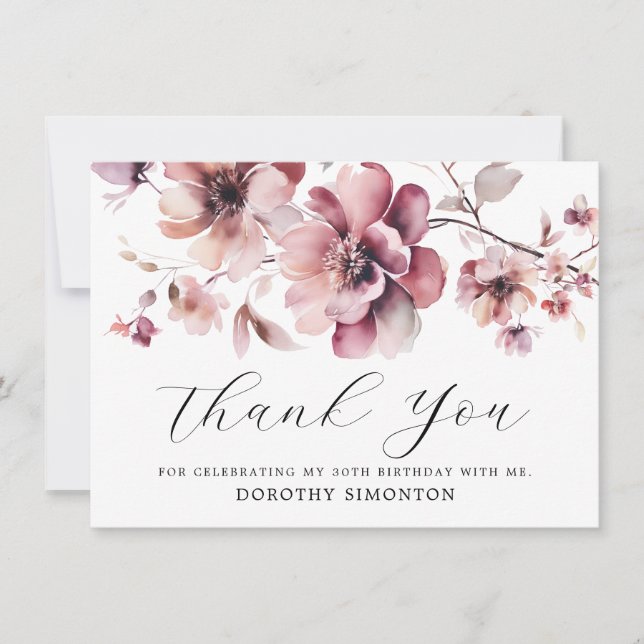 Rustic Pink Wildflower 30th Birthday Thank You (Front)