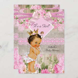 Rustic Pink Wood Burlap Girl Baby Shower Brunette Invitation