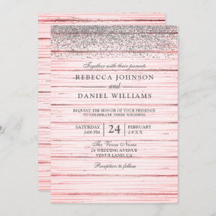Rustic Pink Wood Silver Glitter Wedding Invite