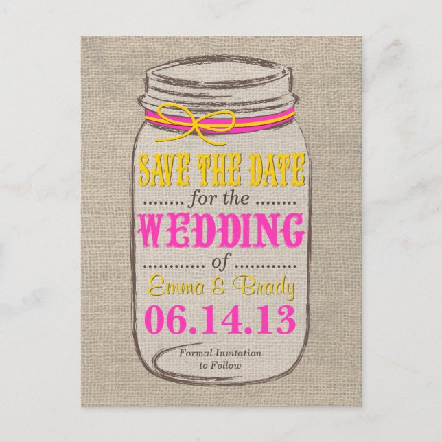 Rustic Pink & Yellow Mason Jar Save the Date Announcement Postcard (Front)