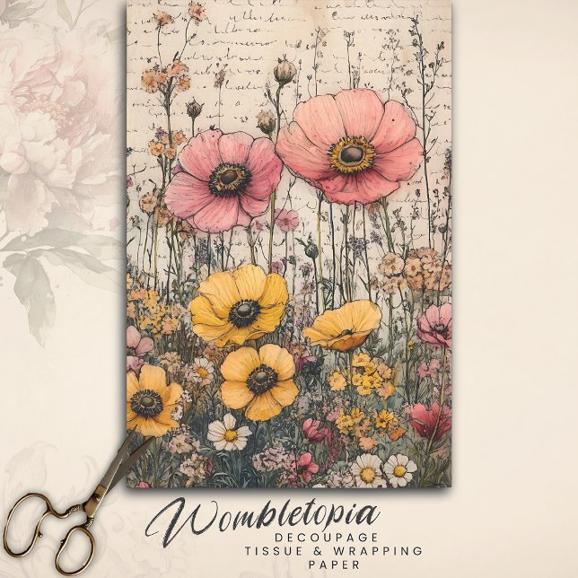 Rustic Pink & Yellow Poppy's Old Letter Decoupage Tissue Paper (Creator Uploaded)