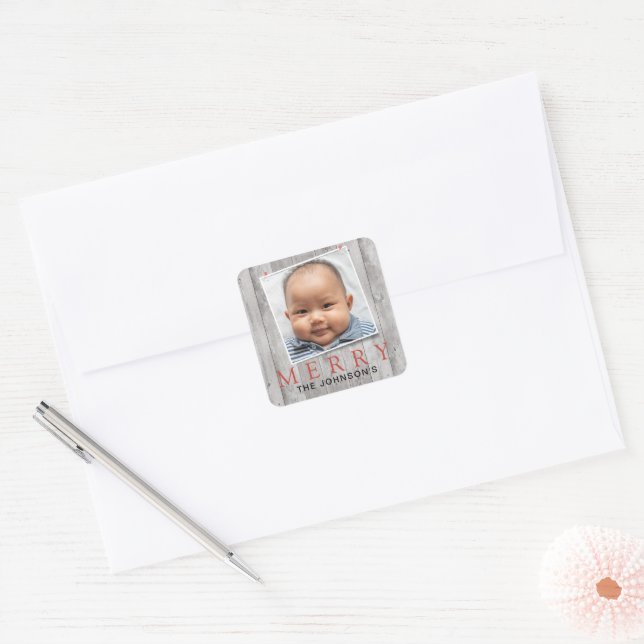 Rustic Pinned Photo Merry Holiday Square Sticker (Envelope)