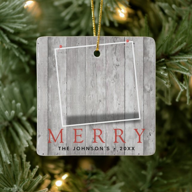 Rustic Pinned Photos Merry Holiday Ceramic Ornament (Tree)