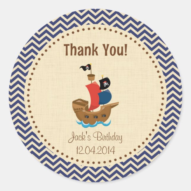 Rustic Pirate Ship Birthday Thank You Sticker Blue (Front)