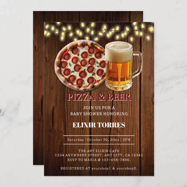 Rustic Pizza & Beer Baby Shower Invitation (Front/Back)