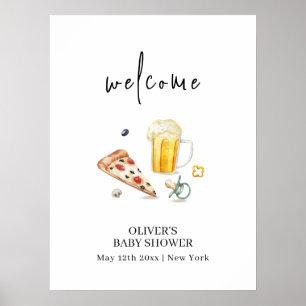 Rustic Pizza Beers Pacifier Baby Shower Welcome Poster