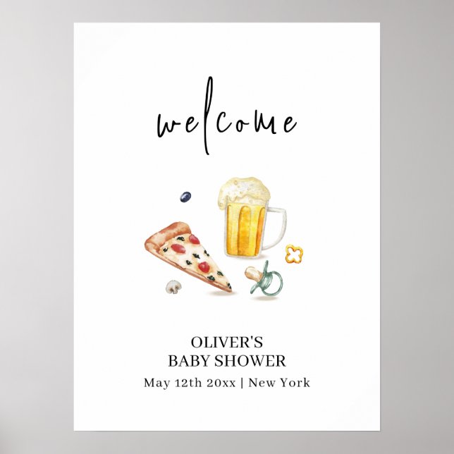 Rustic Pizza Beers Pacifier Baby Shower Welcome Poster (Front)