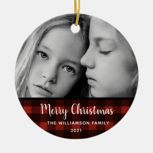 Rustic Plaid 2 Photo Editable Christmas Ornament  (Front)
