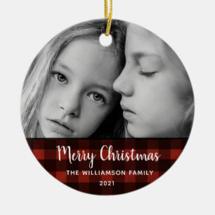 Rustic Plaid 2 Photo Editable Christmas Ornament