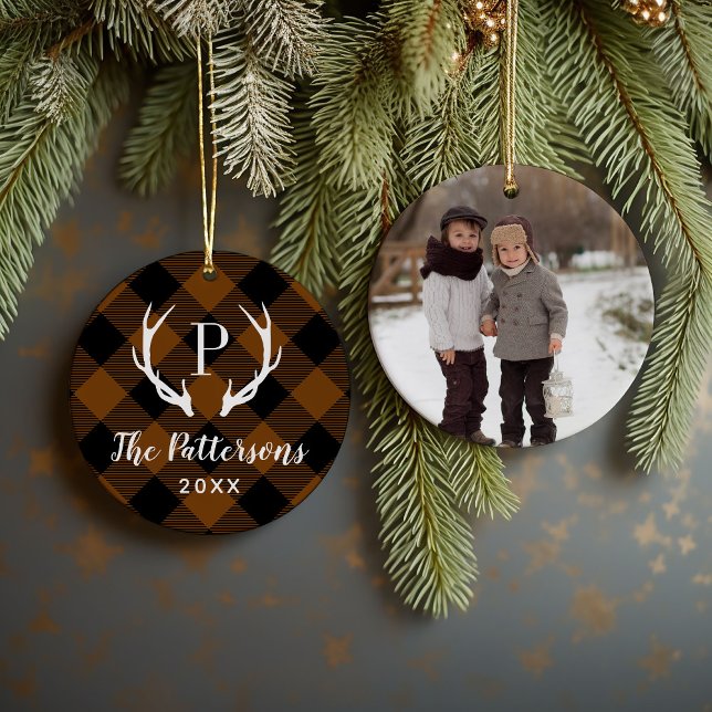 Rustic Plaid Antler Monogram Custom Photo Ceramic Ornament (Creator Uploaded)