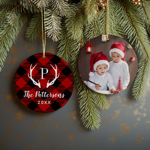 Rustic Plaid Antler Monogram Custom Photo Ceramic Ornament