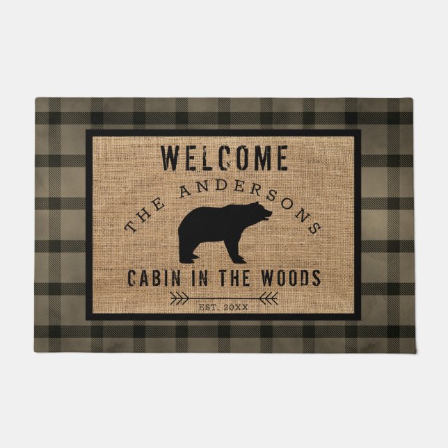 Rustic Plaid Bear Welcome Cabin in the Woods Doormat (Front)