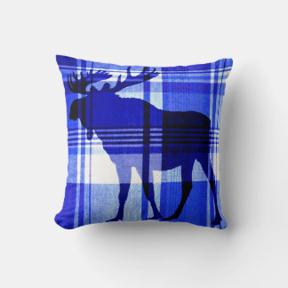 Rustic plaid blue moose pillow