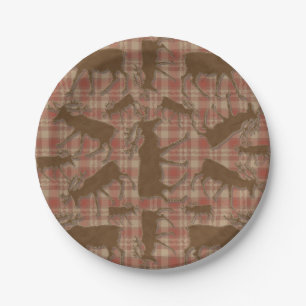Rustic plaid brown moose paper plates