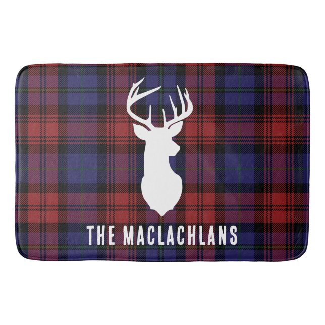 Rustic Plaid Burgundy Purple Family Name Tartan Bath Mat (Front)