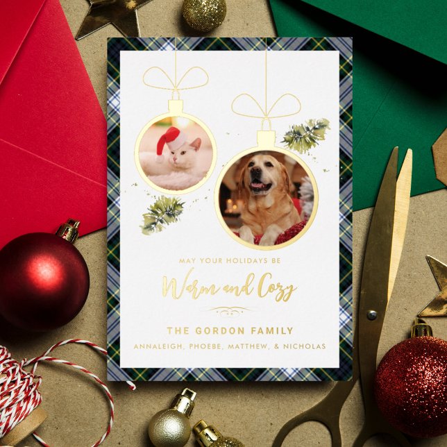 Rustic Plaid Christmas 2 Pet Photos Tartan Gold Foil Holiday Card (Plaid Rustic Pet Photos Christmas Greetings Tartan Card)