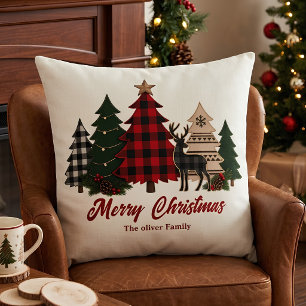 Rustic Plaid Christmas Family Trees Reindeer Cushion